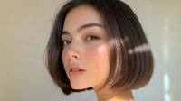 Young Asian woman with short brown bob hairstyle and natural makeup in soft sunlight with lens flare effects, looking away thoughtfully against beige background.