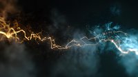 Electric lightning bolt with glowing energy discharge against dark stormy clouds for power and energy concepts in digital art and technology designs.