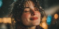 Young woman with closed eyes smiling in snowfall at night, with bokeh lights creating magical winter atmosphere. Perfect for seasonal content.