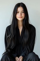 Young Asian woman with long flowing black hair wearing black outfit against light background, gentle smile and natural makeup for beauty and fashion portraits.