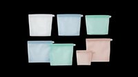 Reusable food storage containers in soft pastel colors including white, blue, and mint green, isolated on transparent background for design use.