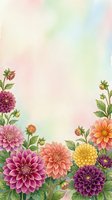 Watercolor dahlia flowers frame with soft rainbow gradient background for spring greeting cards and wedding invitations.