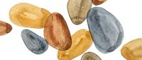 Watercolor painted smooth river stones and pebbles in earth tones floating on white background, perfect for spa wellness meditation zen design projects.