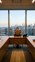 Professional businessman speaking at microphone in modern office conference room with city skyline view during corporate meeting or presentation.
