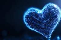 Glowing blue heart shape formed by luminous particles and light effects on dark background, romantic digital art concept for love and technology.
