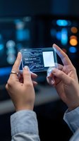 Hands holding transparent futuristic holographic interface with digital circuit patterns against blurred city lights background for technology concepts.