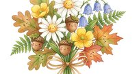 Watercolor autumn bouquet with acorns, daisies, oak leaves, ferns and seasonal flowers on white background for fall decorations and greeting cards.