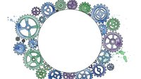 Colorful mechanical gears and cogs frame circular white space for text or design elements. Industrial steampunk machinery border on transparent background.