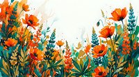 Watercolor wildflower meadow with orange poppies and green foliage creating natural botanical border frame on white background for spring summer designs.