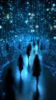 Silhouettes of people walking through luminous blue digital tunnel with glowing particles and light effects creating futuristic atmosphere.