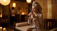 Young blonde Caucasian woman in bathrobe enjoying herbal tea at luxury spa wellness center with warm ambient lighting and relaxation atmosphere.