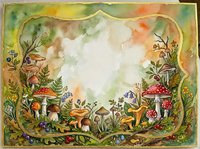 Watercolor forest frame with mushrooms, flowers and woodland elements creating magical border with copy space for text or design projects.
