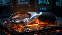 Magnifying glass examining glowing orange circuit board with electronic components in futuristic tech laboratory environment for analysis and inspection.