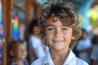 Portrait of cheerful young Caucasian boy with curly brown hair and bright smile wearing white shirt, perfect for family, education, childhood or dental advertising campaigns.
