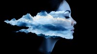 Surreal double exposure portrait of Asian woman's profile merged with cloudy sky landscape, expressing serenity and mindfulness on black background.