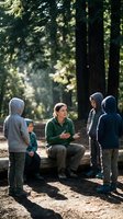 Female outdoor educator teaching diverse group of children in forest setting during nature education program with sunlight filtering through trees.