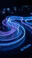 Abstract blue and purple flowing light trails with glowing particles creating dynamic energy waves on dark background for digital technology concepts.