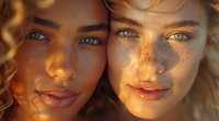 Close-up portrait of two diverse young women with natural beauty features including freckles and blue eyes, illuminated by warm golden sunlight, perfect for beauty and skincare advertising.