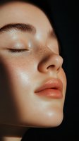 Close-up portrait of young Asian woman with freckles, glowing skin, and natural makeup, eyes closed in serene expression against dark background.