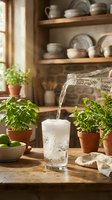 Water pouring into glass on rustic wooden table with potted herbs, fresh limes, and ceramic dishware on shelves behind, ideal for beverage and lifestyle marketing.