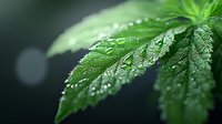 Fresh cannabis leaf with morning dew drops on dark background, macro photography showing detailed water droplets and serrated edges of marijuana foliage.