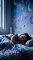 Young child peacefully sleeping in bed with magical moon and stars wall projection creating dreamy nighttime atmosphere in cozy bedroom.