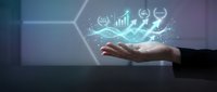 Business professional hand presenting holographic data analytics icons with charts graphs and financial symbols floating above palm in futuristic digital interface.