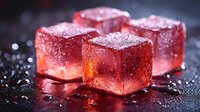 Red translucent ice cubes with water drops on dark background, glowing from inside with warm light, macro photography showing frozen crystal structure.