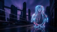 Glowing neon penguin hologram on urban street at night with purple sky and city skyline background for technology and digital innovation concepts.