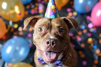 Happy brown pit bull terrier wearing party hat and bowtie celebrates birthday with colorful balloons and confetti background, showing joyful expression and friendly smile.