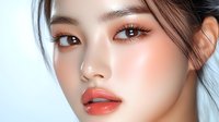 Young Asian woman with coral lipstick, glowing skin and natural makeup wearing peach eyeshadow. Close up beauty portrait on light blue background. Professional cosmetics look.