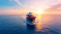 Aerial view of cargo ship sailing across blue ocean at sunset with dramatic sky and sun reflection on calm water surface creating golden path.
