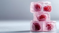 Fresh raspberries frozen in ice cubes stacked on light surface, creating refreshing summer drink garnish for cocktails and beverages.