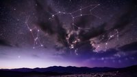 Starry night sky with constellation patterns over mountain landscape. Purple cosmic background with connected stars forming celestial map for astronomy education.