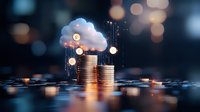 Cloud computing financial concept with glowing stacks of coins and floating cloud emitting digital data streams on dark background with bokeh effect.