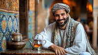 Middle Eastern man in traditional dress smiling while serving tea at ornate cafe with decorative mosaic tiles and traditional teapot, creating welcoming atmosphere.