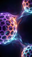 Abstract glowing spheres with honeycomb pattern in vibrant neon colors on dark space background for futuristic digital art and sci-fi designs.
