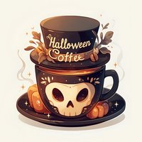 Spooky coffee cup with skull design and autumn pumpkins, decorated with fall leaves and magical sparkles on cream background. Cozy Halloween drink illustration.