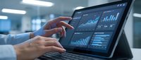 Professional businessman analyzing financial data and charts on laptop screen in modern office environment for business intelligence and market research.