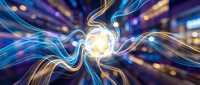 Abstract energy vortex with glowing light trails and dynamic motion blur creating futuristic digital art background for technology and science concepts.