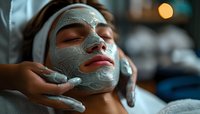 Young Asian woman receiving professional facial treatment with clay mask at spa salon, eyes closed in relaxation during skincare procedure.