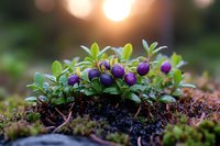 Wild blueberry bush with ripe berries growing in natural forest environment at sunset, macro photography showing fresh organic fruits and green leaves.