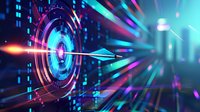 Futuristic digital target with glowing neon circles and paper airplane flying through center, dynamic motion blur effect against cyber background.