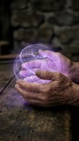 Elderly hands holding glowing purple energy sphere with swirling light patterns on rustic wooden surface for mystical and spiritual concepts.
