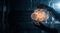 Engineer in dark gloves holding glowing golden gears and cogs in hands against industrial tech background. Concept for innovation, technology development, mechanical engineering, and future solutions.