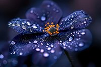 Dark blue flower petals covered in morning dew drops with orange center creating dramatic macro photography composition against black background.
