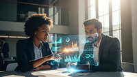 Young African American businesswoman and Caucasian businessman analyzing holographic data charts and graphs in modern office meeting room for strategic planning.