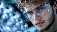 Young male scientist wearing protective eyewear in laboratory with blue bokeh background, close-up portrait showing determination and focus during research.