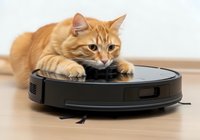 Ginger tabby cat sitting on black robotic vacuum cleaner on wooden floor with white wall background. Pet and smart home technology.
