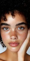 Close-up portrait of young woman with natural freckles, curly dark hair, and brown eyes looking directly at camera. Minimal makeup beauty concept for skincare and cosmetics.